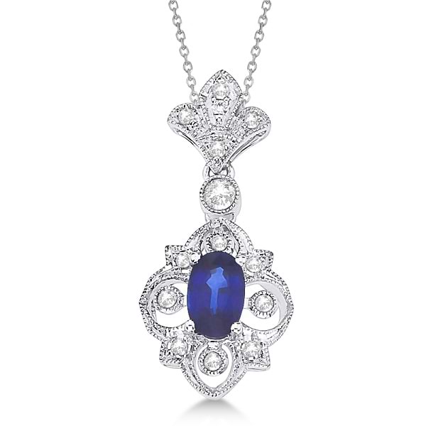 Fleur De Lis Sapphire & Diamond Necklace 14K White Gold (0.52ct)