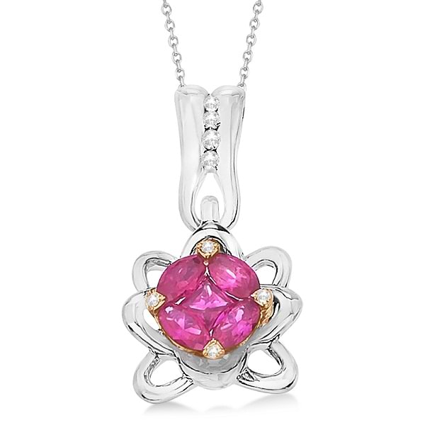 Ruby & Diamond Accented Flower Pendant Necklace 14k White Gold (0.36ct)