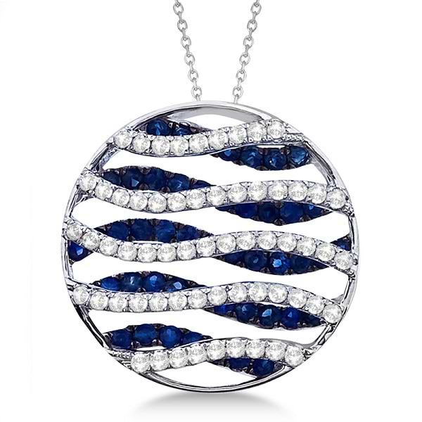 Circle Blue Sapphire & Diamond Pendant Necklace 14K White Gold (1.53ct)