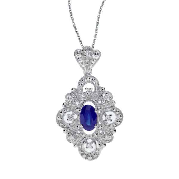 Diamond Blue Sapphire Vintage Pendant Necklace 14k White Gold 0.58ct