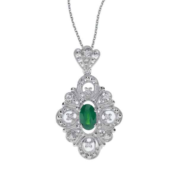 Diamond Emerald Oval Vintage Pendant Necklace 14k White Gold (0.58ct)