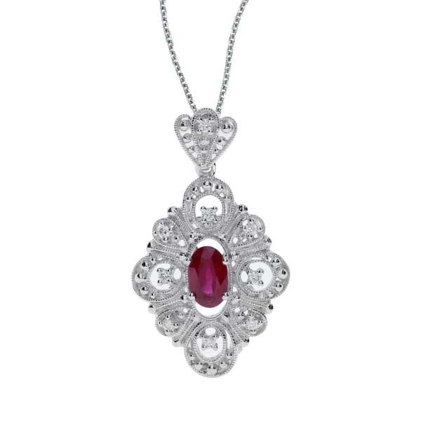 Diamond Ruby Oval Vintage Pendant Necklace 14k White Gold (0.58ct)