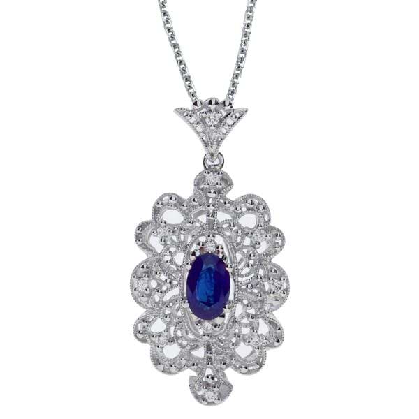 Diamond Sapphire Floral Filigree Pendant Necklace 14k White Gold 0.60ct