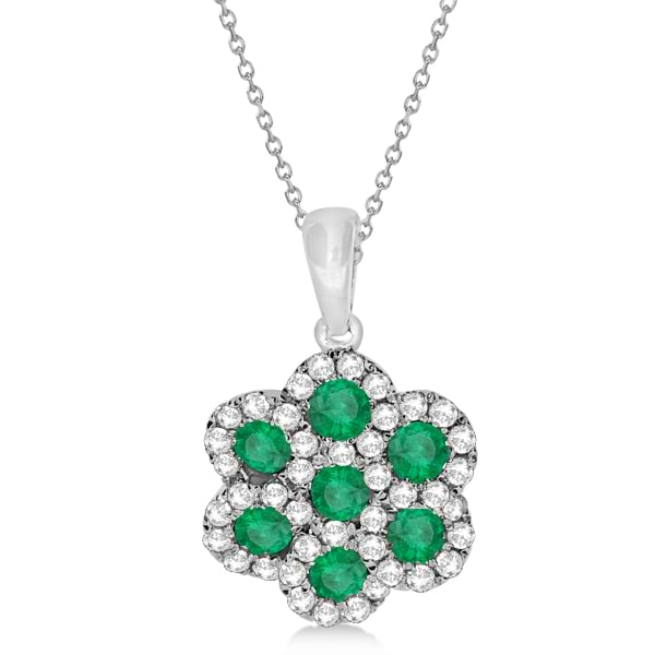 Emerald & Diamond Flower Cluster Pendant Necklace 14k W. Gold 0.92ct