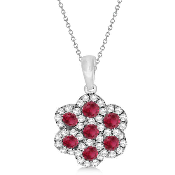 Ruby & Diamond Flower Cluster Pendant Necklace 14k W. Gold 0.92ct
