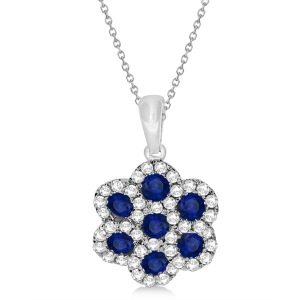 Sapphire & Diamond Flower Cluster Pendant Necklace 14k W. Gold 0.92ct