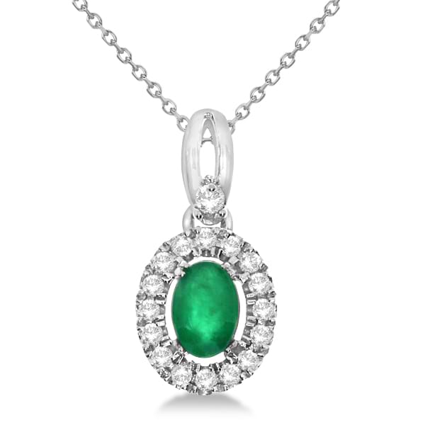Oval Emerald & Diamond Halo Pendant Necklace in 14k White Gold 0.61ct