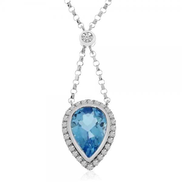 Pear Shaped Blue Topaz & Diamond Halo Necklace 14K White Gold 3.30ct