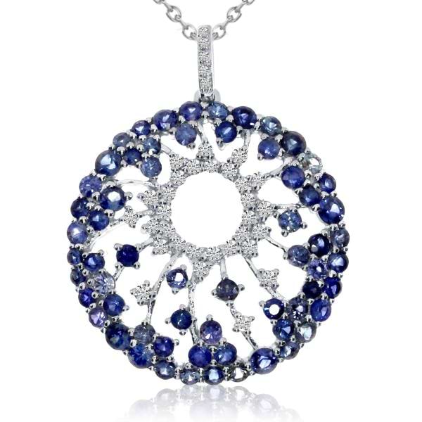 Vintage Circle Sapphires & Diamond Pendant Necklace 14k W. Gold 1.71ct