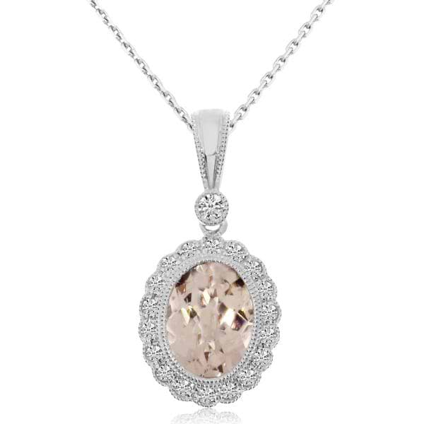 Diamond & Morganite Filigree Pendant Necklace 14k White Gold (0.77ct)