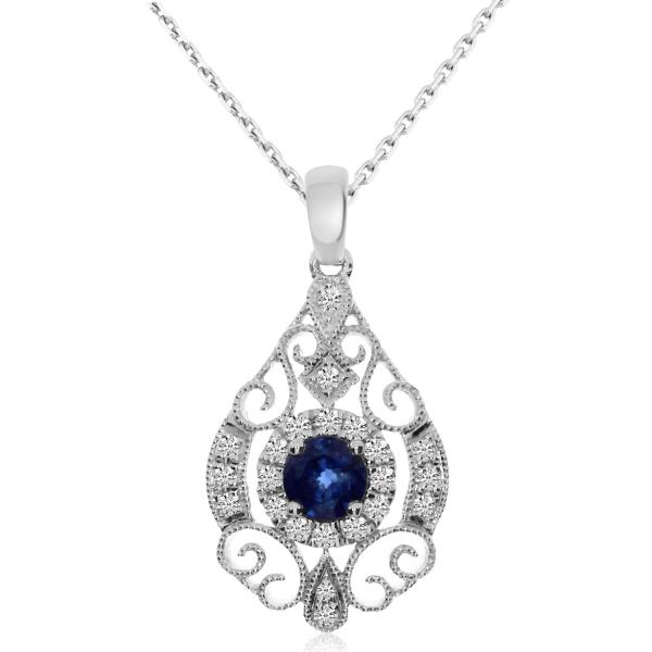 Diamond & Blue Sapphire Teardrop Fashion Pendant 14k White Gold 0.38ct