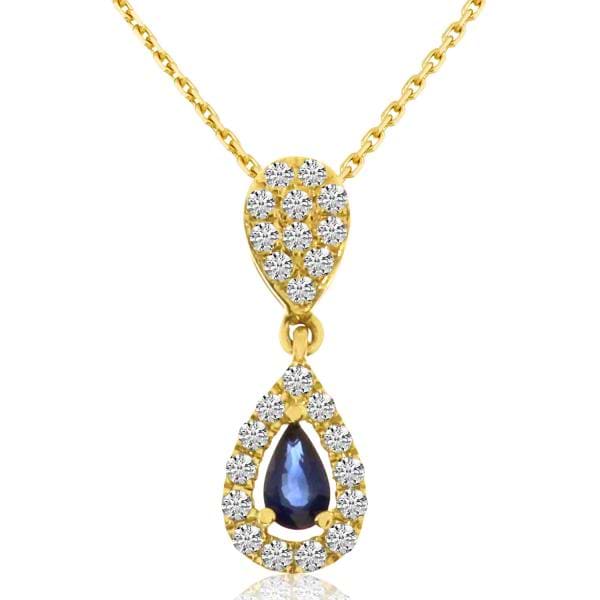 Diamond Pear Sapphire Drop Pendant Necklace 14k Yellow Gold (0.57ct)