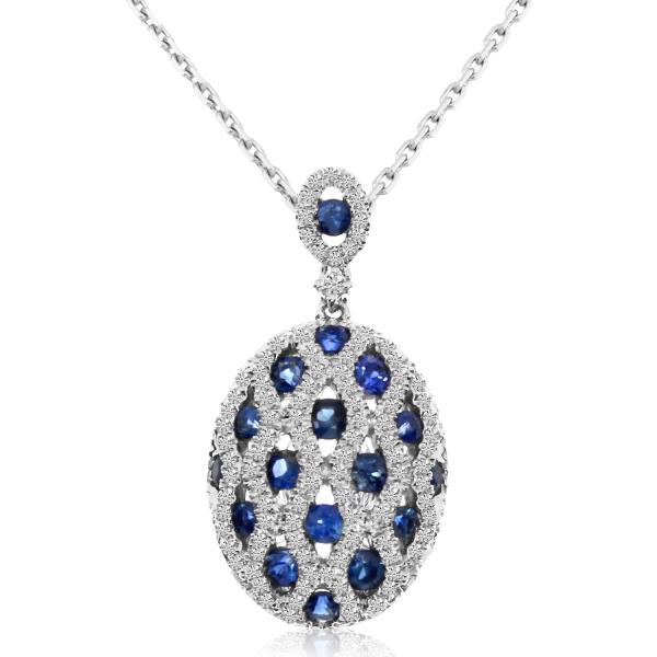 Diamond & Blue Sapphire Oval Pendant Necklace 14k White Gold (1.37ct)