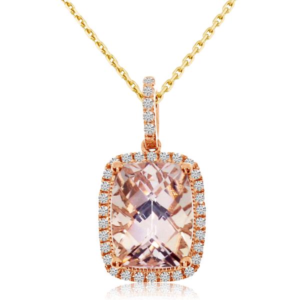 Diamond & Cushion Morganite Drop Pendant Necklace 14k Rose Gold 0.90ct