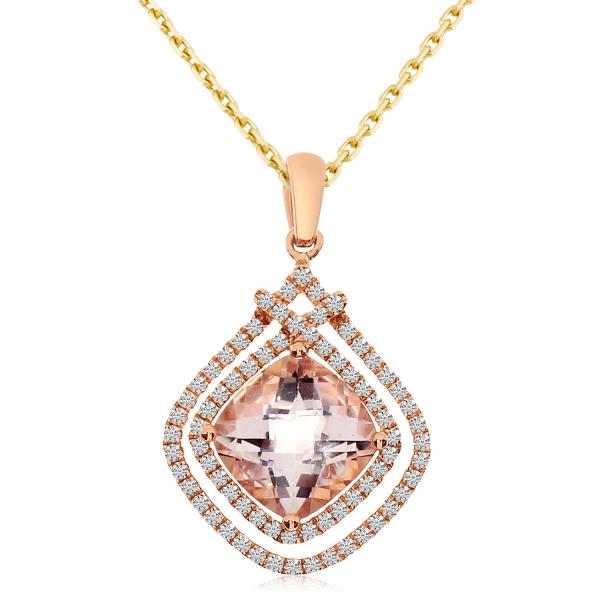 Diamond & Cushion Morganite Drop Pendant Necklace 14k Rose Gold 1.59ct