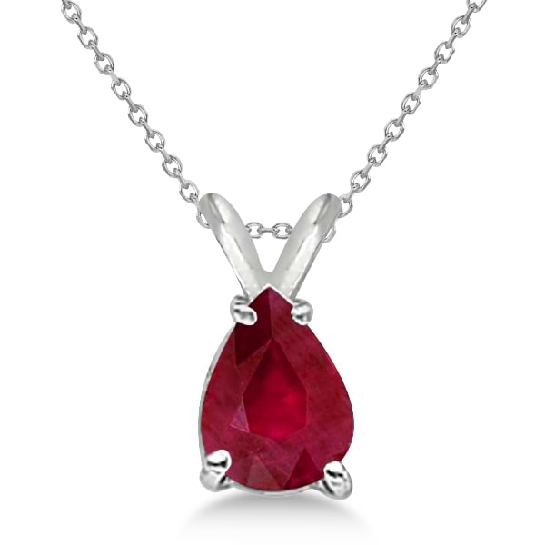 Pear Cut Ruby Solitaire Pendant Necklace 14K White Gold (0.75ct)