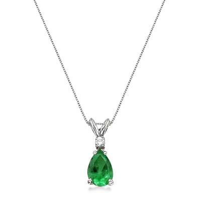 Pear Emerald & Diamond Solitaire Pendant Necklace 14k White Gold (0.75ct)