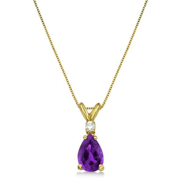 Pear Lab Amethyst & Diamond Solitaire Pendant Necklace 14k Yellow Gold (0.75ct)