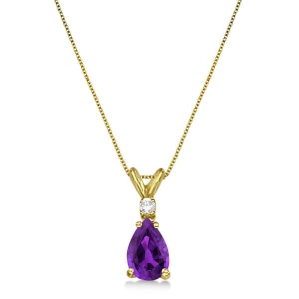 Pear Amethyst & Diamond Solitaire Pendant Necklace 14k Yellow Gold (0.75ct)