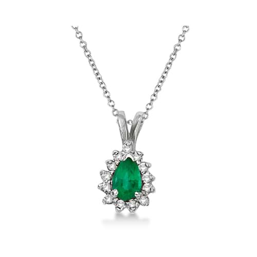 Pear Emerald & Diamond Pendant Necklace 14k White Gold (0.70ct)