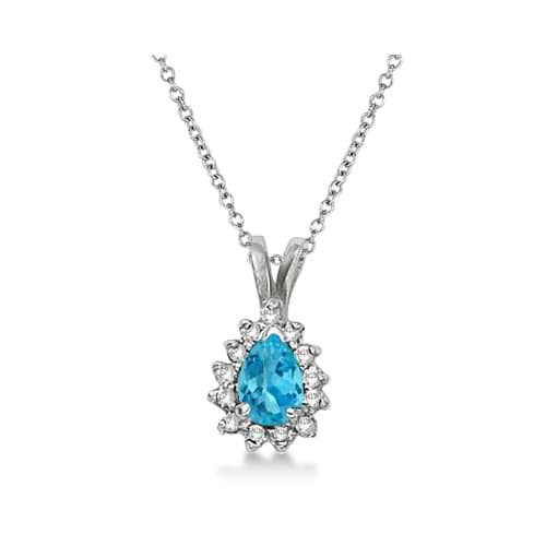 Pear Blue Topaz & Diamond Pendant Necklace 14k White Gold (0.70ct)