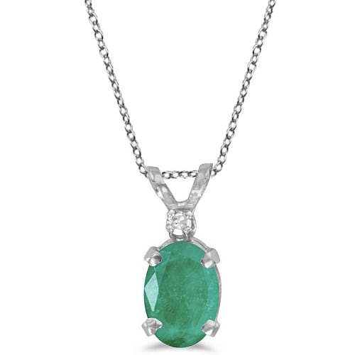 Oval Emerald and Diamond Solitaire Pendant 14K White Gold (0.75ct)