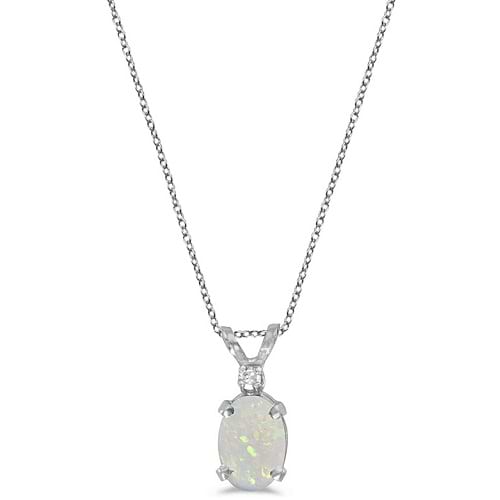 Oval Opal and Diamond Solitaire Pendant 14K White Gold (0.50ct)