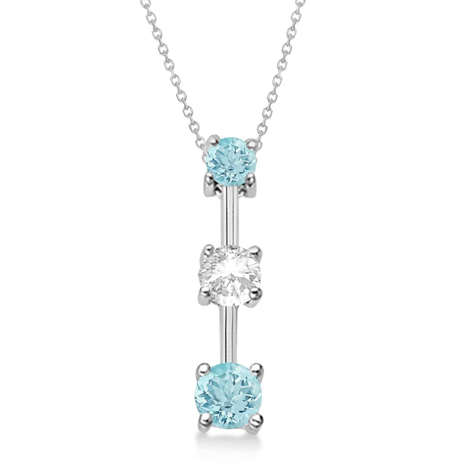 Aquamarines & Diamond Three-Stone Necklace 14k White Gold (0.25ct)