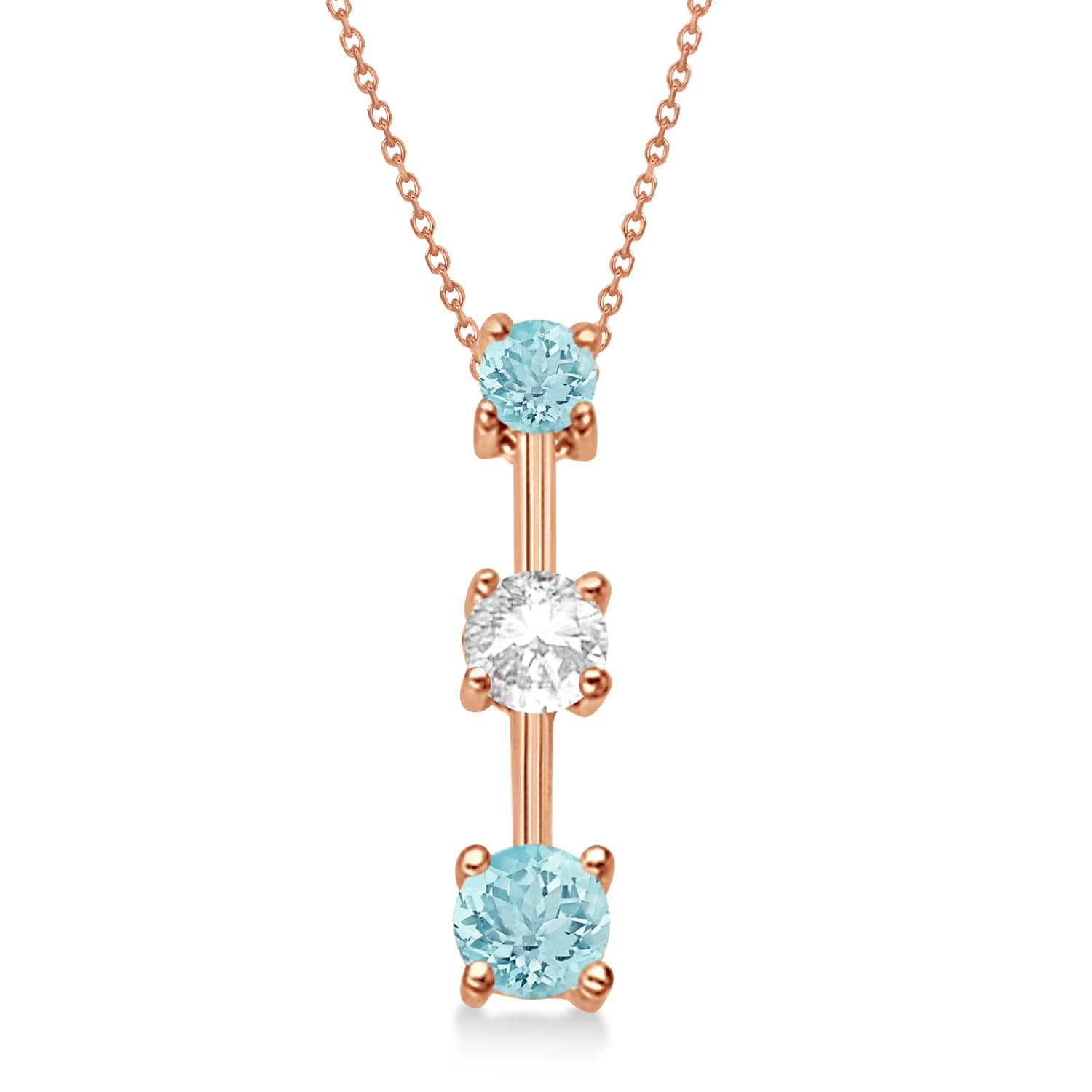 Aquamarines & Diamond Three-Stone Necklace 14k Rose Gold (0.50ct)