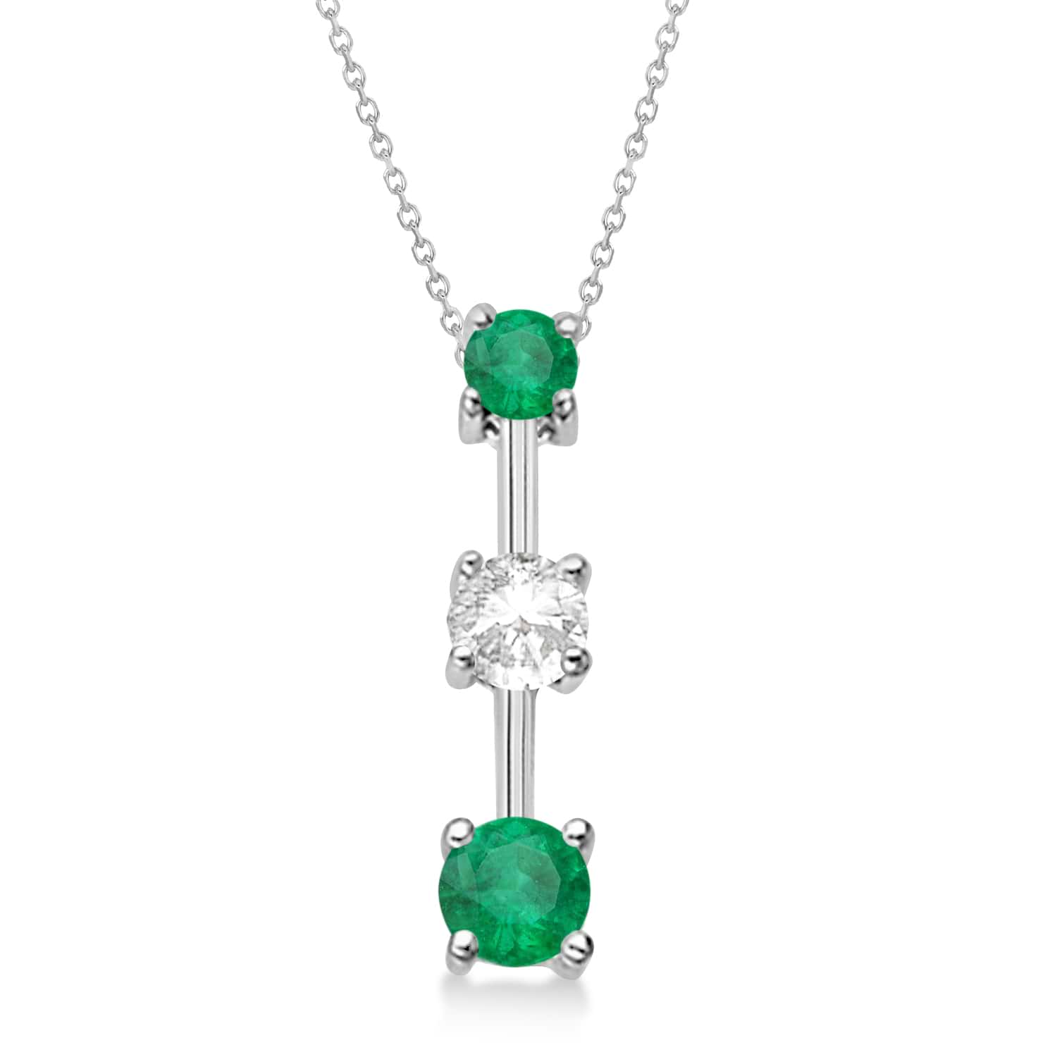 Lab Emeralds & Lab Diamond Three-Stone Necklace 14k White Gold (0.25ct)