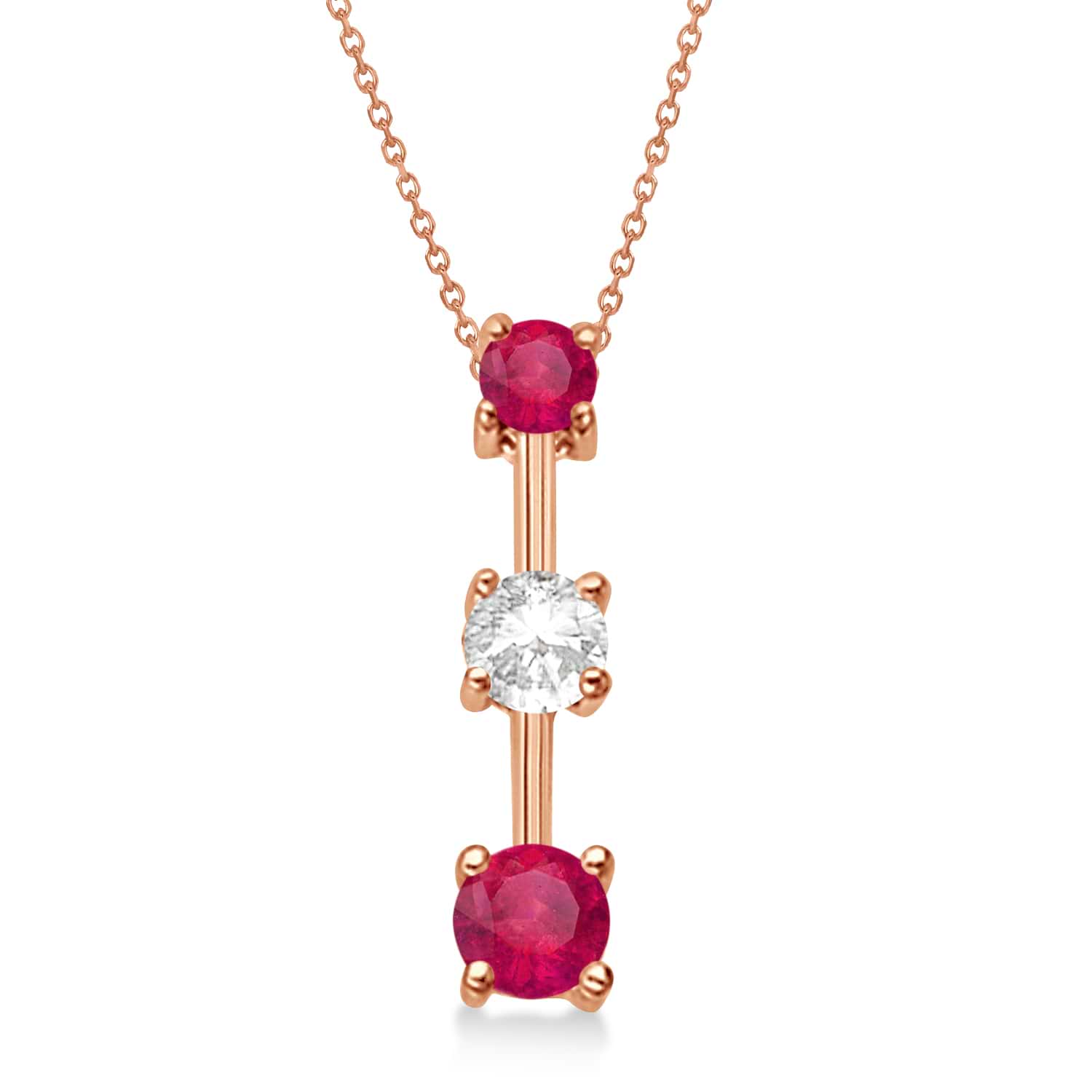 Lab Rubies & Lab Diamond Three-Stone Necklace 14k Rose Gold (1.00ct)