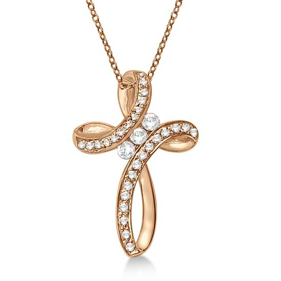 Diamond Swirl Cross Pendant Necklace 14k Rose Gold (0.61ct)