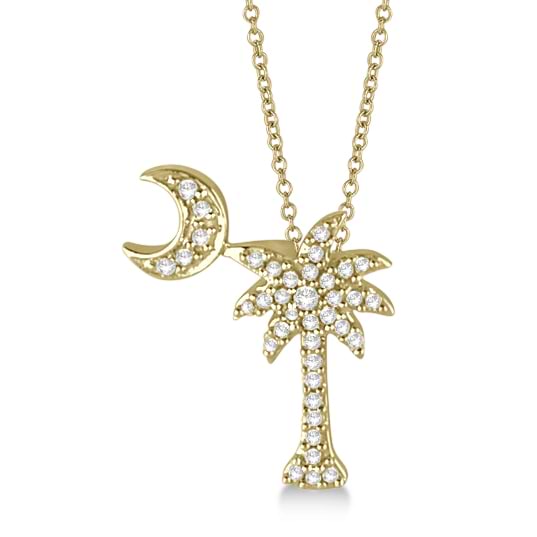Palm Tree & Moon Diamond Pendant Necklace 14k Yellow Gold (0.15ct)