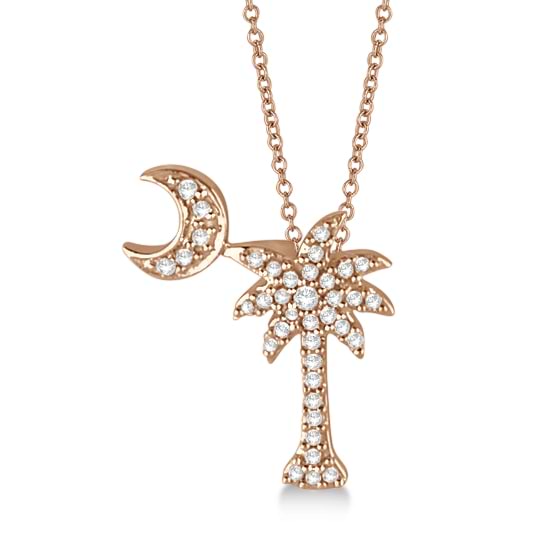 Palm Tree & Moon Diamond Pendant Necklace 14k Rose Gold (0.15ct)