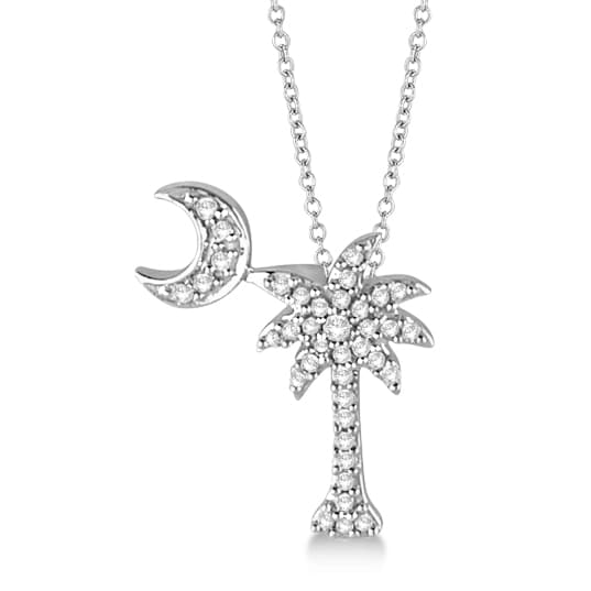 Palm Tree & Moon Diamond Pendant Necklace 14k White Gold (0.15ct)