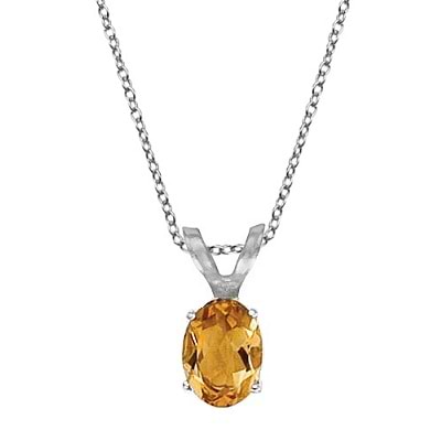 Oval Citrine Solitaire Pendant Necklace 14K White Gold (8x6mm)