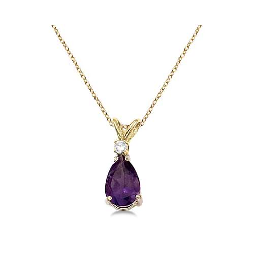 Pear Amethyst and Diamond Solitaire Pendant Necklace 14k Yellow Gold