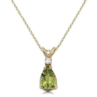 Pear Peridot and Diamond Solitaire Pendant Necklace 14k Yellow Gold