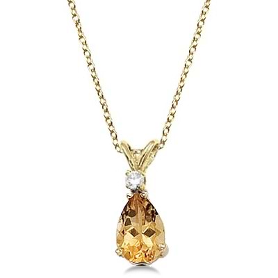 Pear Citrine and Diamond Solitaire Pendant Necklace 14k Yellow Gold