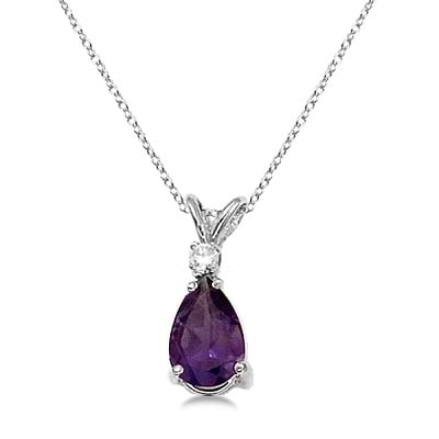 Pear Amethyst and Diamond Solitaire Pendant Necklace 14k White Gold