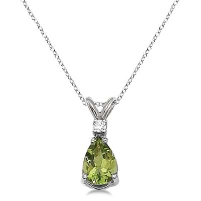 Pear Peridot and Diamond Solitaire Pendant Necklace 14k White Gold