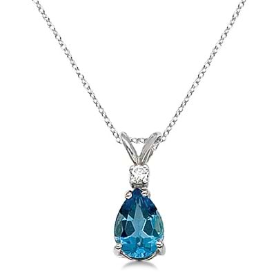 Pear Blue Topaz & Diamond Solitaire Pendant Necklace 14k White Gold
