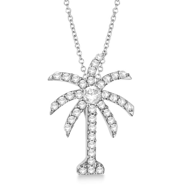 Palm Tree Shaped Diamond Pendant Necklace 14k White Gold (1.00ct)
