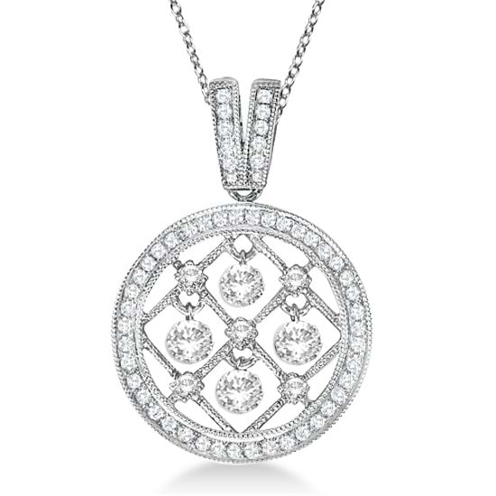 Circle Diamond Pendant Necklace Milgrain Edged 14k White Gold (0.55ct)