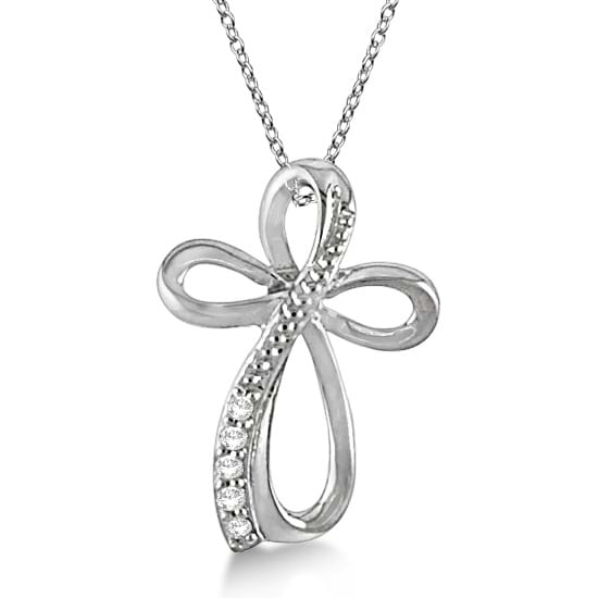 Diamond Swirl Fashion Cross Pendant Necklace 14k White Gold (0.05ct)