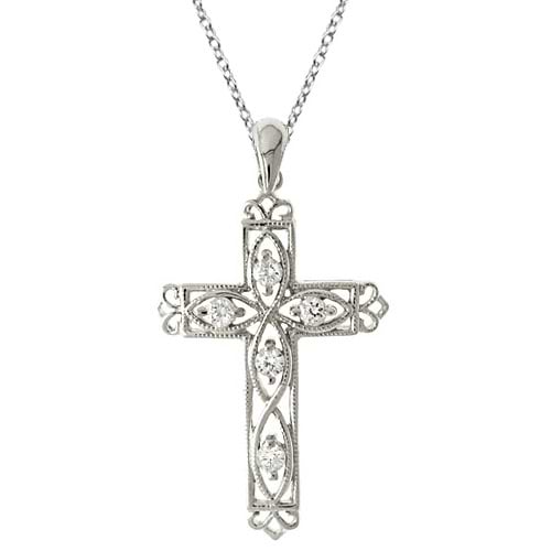 Diamond Filigree Cross Pendant Necklace 14k White Gold (0.25ct)