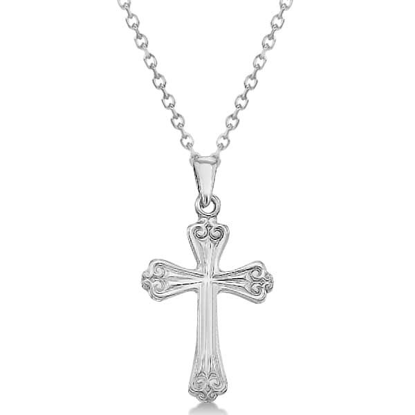 Cross Pendant Filigree Design Polished 14K White Gold Cross Necklace