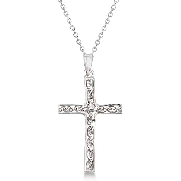 Braided Cross Pendant with Diamond Accents Unisex 14K White Gold