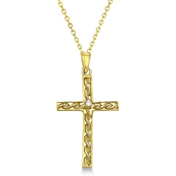 Braided Cross Pendant with Diamond Accents Unisex 14K Yellow Gold