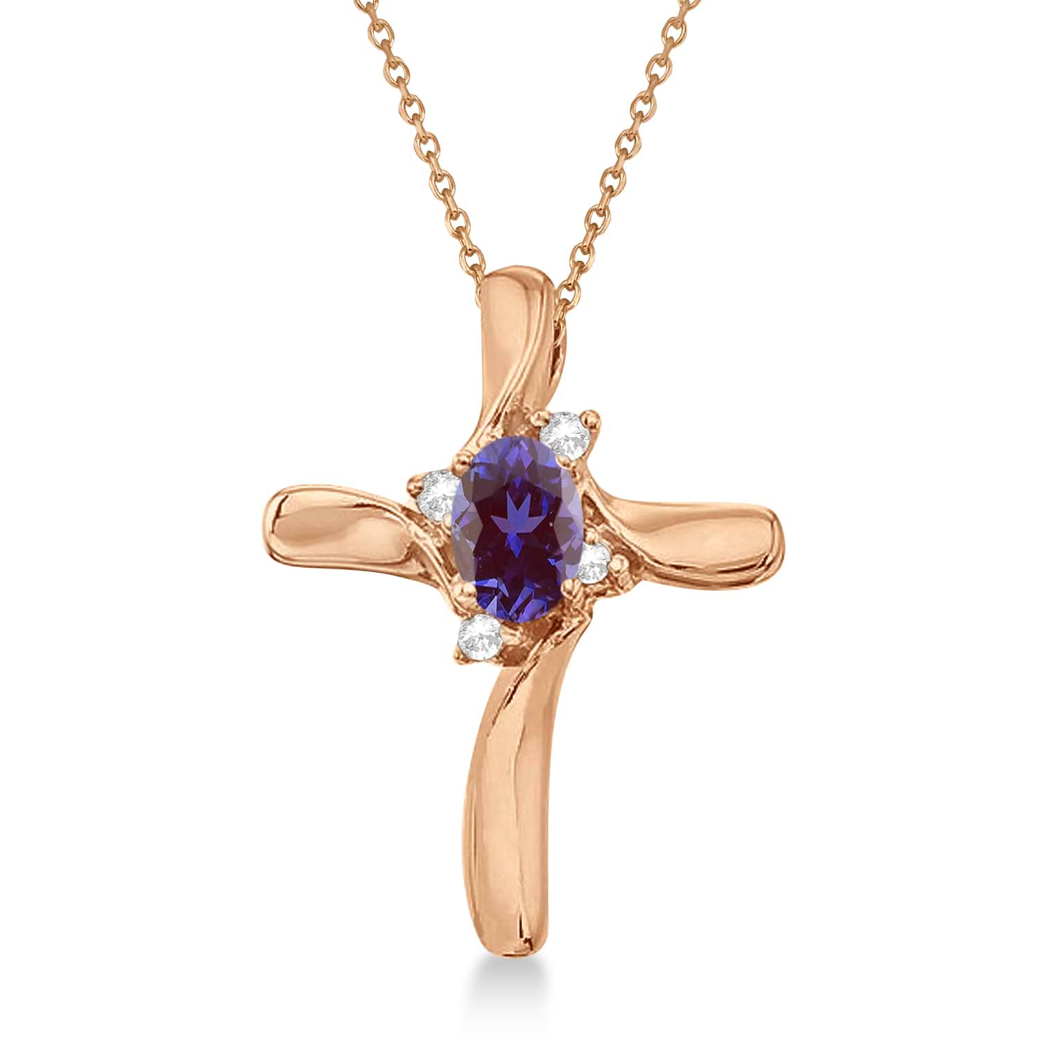 Lab Alexandrite and Diamond Cross Necklace Pendant 14k Rose Gold (0.50ct)